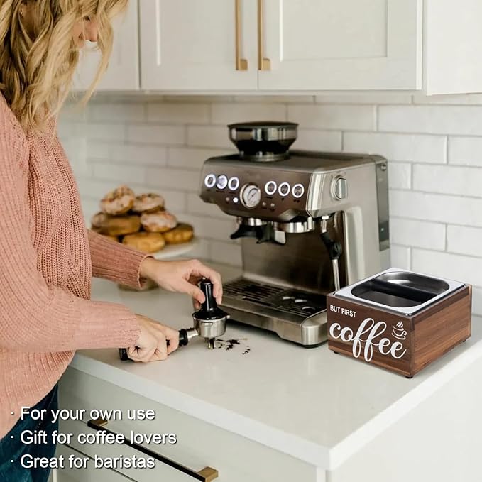 Knock Box for Espresso Coffee Grounds Espresso Knock Box Tamp Station, Quiet Design Large Capacity Non-Slip Base Coffee Puck Dump Bucket Barista Tools Machine Accessories Stainless Steel