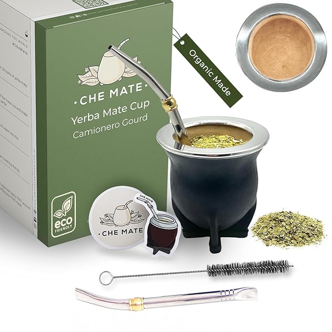 Premium Argentina-Uruguay Yerba Mate Cup and Bombilla Set, Organic Gourd Tea Mug with Steel Straw (Bombilla) and Cleaning Brush, Handcrafted for Loose Leaf Yerba Mate Tea - Camionero Version