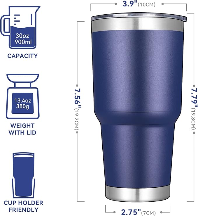 DOMICARE 30 oz Tumbler with Lid and Straw, Stainless Steel Tumblers Bulk, Insulated Vacuum Double Wall Travel Coffee Mug, Durable Powder Coated Tumbler Cups (Navy, 4)