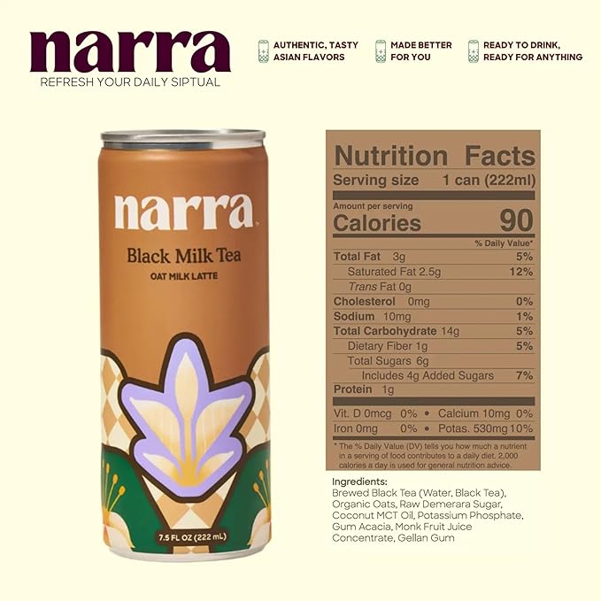 Narra, Oat Milk Tea Latte Variety Pack - Black Tea, Roasted Oolong, Strawberry Matcha, Natural Caffeine & L-Theanine, Organic Oat Milk, MCT Oil, Dairy Free, Non-GMO, 7.5 Fl Oz (12 Pack)