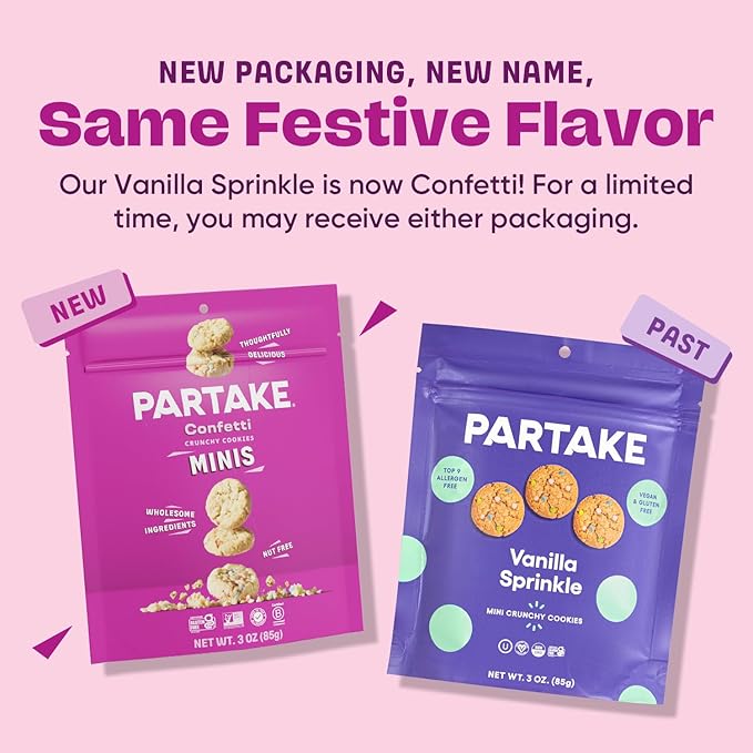 Gluten Free Partake Crunchy Chocolate Chip & Vanilla Sprinkle Cookies Variety Pack - Vegan - Free From the Top 9 Allergens Including Dairy, Wheat, Soy, Eggs, & Peanuts - Non GMO - Safe School & Office Snack (4 Pack, 3oz Resealable Bags)