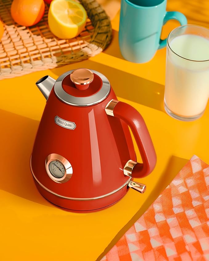 Hazel Quinn Retro Electric Kettle - 1.7 Liters / 57.5 Ounces Tea Kettle with Thermometer, All Stainless Steel, Fast Boiling 1200 W, BPA-free, Cordless, Rotational Base, Automatic Shut Off - Ruby Red