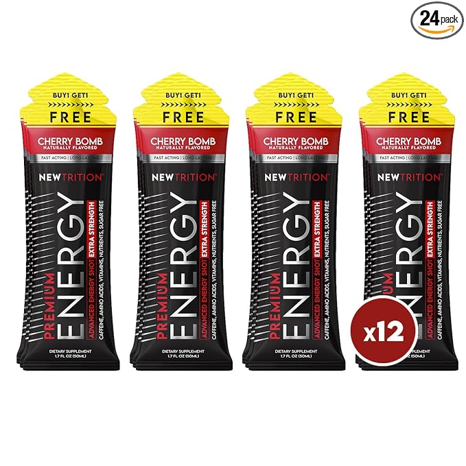 NewTrition® Extra Strength Energy Shots, 250mg Caffeine Energy Shots with Vitamin B & Amino Acids, Sugar-Free Vitamin Energy Shot, 1.7 fl oz (Pack of 12, Cherry Bomb)