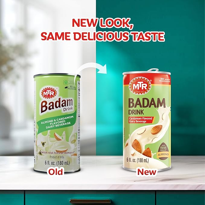 MTR Badam Drink - Cardamom Flavored, Ready-to-Drink - Authentic Indian Almond Milk Beverage, Real Bits of Almond, No Added Preservatives, Gluten-Free, Refreshing Drink, Perfect for Anytime Refreshment, Pack of 6