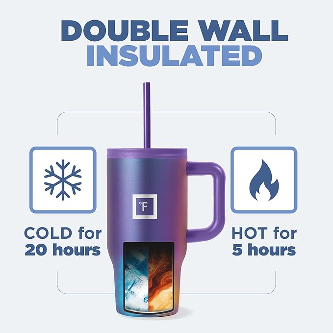 IRON °FLASK Co-Pilot Insulated Mug w/Straw & Flip Cap Lids - Cup Holder Bottle for Hot, Cold Drink - Leak-Proof - Water, Coffee Portable Travel Mug - Sand, 16 Oz