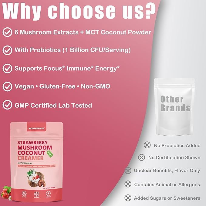 Mushroom Coffee Creamer, Strawberry Flavored Coconut Creamer, Probiotics, MCT Powder, 6 Mushrooms | Lion's Mane, Turkey Tail, Reishi, Maitake | Boosts Focus, Immunity and Energy | 30 Servings