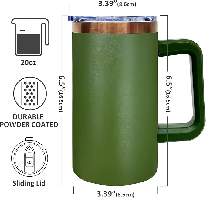 20 oz Insulated Coffee Mug with Lid, Stainless Steel Coffee Tumbler Bulk, Double Wall Vacuum Travel Mug with Handle, Leakproof Powder Coated Coffee Cups for Hot and Cold Drinks (Army Green,1 pack)