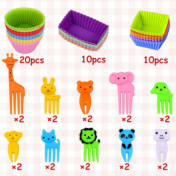 XANGNIER 60 Pcs Silicone Lunch Box Dividers with Animal Food Picks,Reusable Lunch Bento Box Accessories for Kids,Lunchbox Supplies Accessories,Back to School Lunch Essentials,Silicone Cupcake Liners