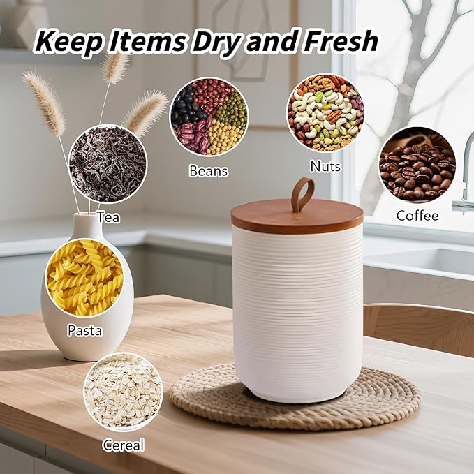 Food Storage Jar Strong Ceramic Storage Canisters with Airtight Wooden Lid,Kitchen Storage Containers for Serving Coffee Beans, Tea, Sugar, Salt, Spices (Big white)