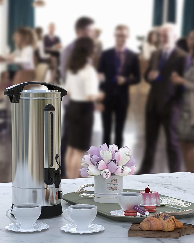 Commercial Coffee Maker Coffee Urn -16L Large Percolator Pot Dispenser with Double-Wall Stainless Steel, Quick Brew, Stays Hot - Also for Water, Tea, Beverage at Events & Catering - 130 Cup