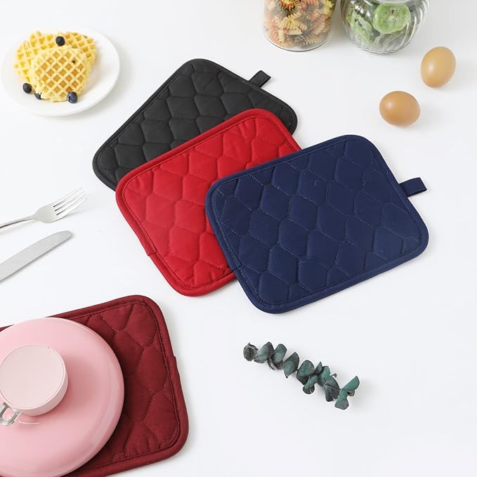 Glynniss Anti-Slip Grip Pot Holder for Kitchen, Cotton Oven Pot Holders Set with Neoprene for Heat Resistant 450F, 7x9 Inches Potholder Machine Washable 2PCS (Wine, 2)