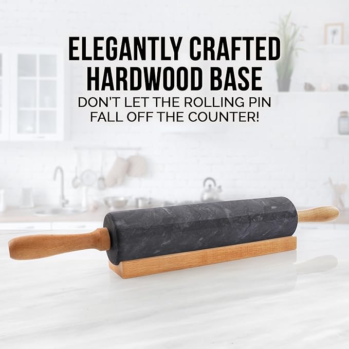 Zulay Kitchen 17-Inch Marble Rolling Pin With Stand - Polished Marble Rolling Pins For Baking - Long Rolling Pin Marble With Beechwood Handle - Non-stick Roller Pin For Baking Pastries, Bread & Pizza