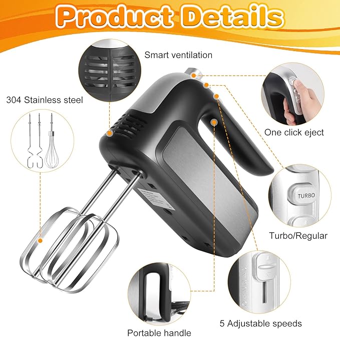 5-Speed 400W Hand Mixer Electric Handheld - Ultra-Powerful Handheld Mixer with Turbo Function & Eject Button, 5 Stainless Steel Attachments for Dough, Cream, Batter, Eggs & Baking