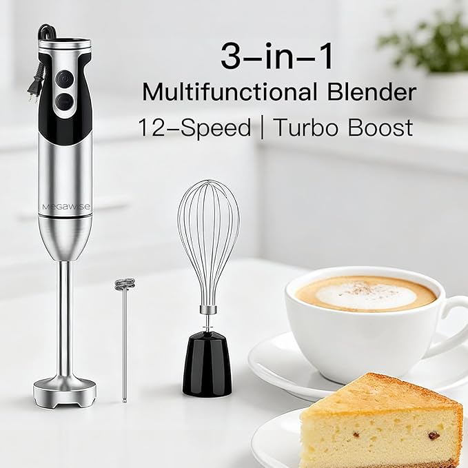 MegaWise Blender Handheld 12-Speed Stainless Steel Electric Hand Blender, 3 in 1 Immersion Handheld Blender，with Sturdy Titanium Plated Stainless Steel Blades(black)