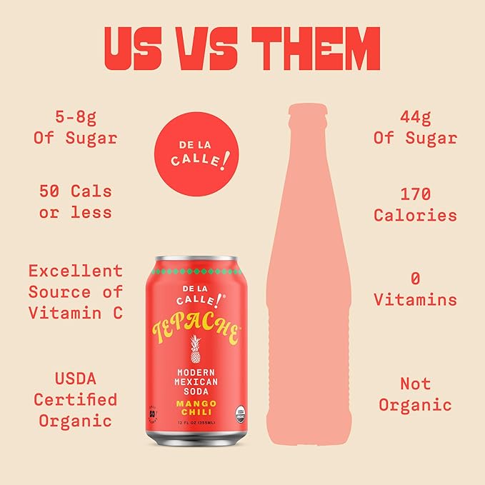 De La Calle Tepache - Mango Chili - Modern Mexican Soda - Craft Fermented Pineapple Sparkling Beverage - Certified Organic, Antioxidant Rich, Non-Alcoholic, Healthy Soda, Low Sugar, Low Calorie, Non-GMO