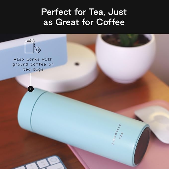 Firebelly Tea, Travel Tea Infuser Mug with Strainer, Insulated Tumbler for Loose Leaf Tea or Coffee, Leakproof Bottle for Hot or Iced Drinks, Stainless Steel Thermos with Lid, Mer