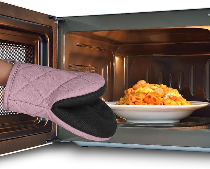 1 Pair Short Oven Mitts, Heat Resistant Silicone Kitchen Mini Oven Mitts for 500 Degrees, Non-Slip Grip Surfaces and Hanging Loop Gloves, Baking Grilling Barbecue Microwave Machine Washable