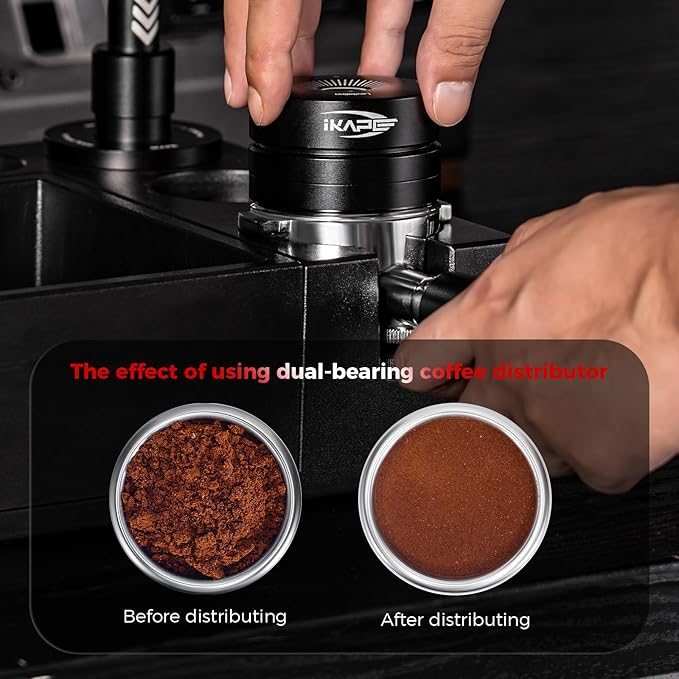 IKAPE 53.3MM Newly Upgrade Espresso Coffee Distributor, Coffee Dual-Bearing & High-Speed Distribution Tools, Adaptive Height Coffee Tamper Leveler for 54mm Portafilters