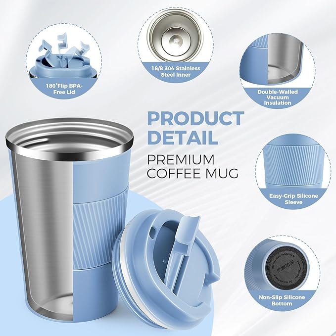 Volhoply 13 oz Stainless Steel Insulated Travel Coffee Mug with Fip Lid Bulk 2 Pack,Reusable Double Wall Vacuum Metal Coffee Cup,Portable Leak Proof Thermal Tumbler for Hot & Cold Drinks(Fog,2)