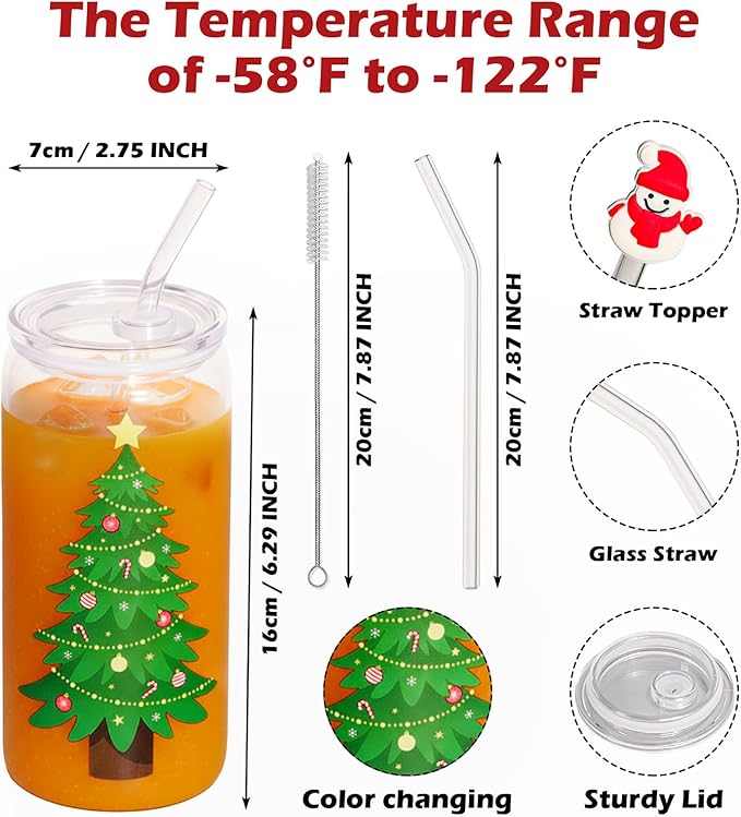 Christmas Gifts, 18oz Color Changing Christmas Glass Cups with Lids and Straw, Glass Tumbler Iced Coffee Drinks Cups for Holiday Party (1 Pack)