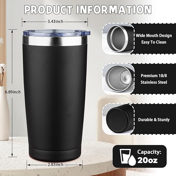 20 oz Tumbler with Lids and Straws, Stainless Steel Insulated Coffee Tumbler, Double Wall Vacuum Insulated Travel Mug Cup, Leakproof Thermal Coffee Cup for Hot and Cold Drinks (black)