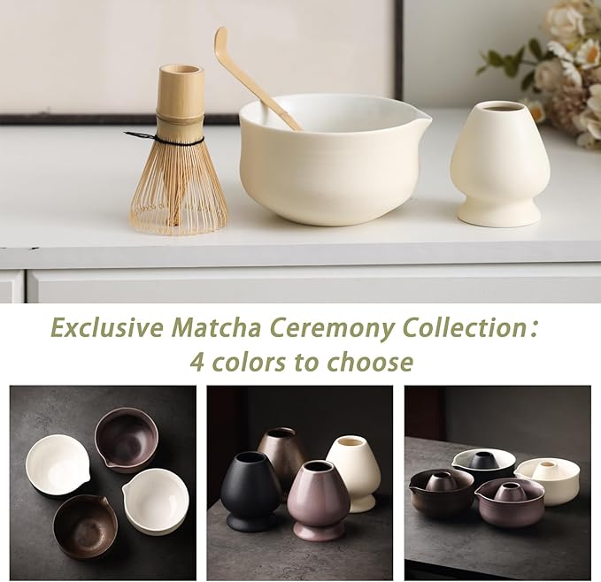 Matcha Set, Japanese Tea Set Includes Matcha Bowl with Spout, Matcha Whisk Holder (chasen), Bamboo Matcha Whisk and Bamboo Scoop, Ceramic Matcha Kit for Tea Lovers