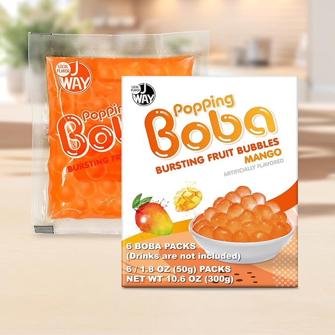 J WAY Bursting Popping Mango Boba Pearls, Mango Syrup, Non-Dairy, Fat-Free Popping Tapioca Boba for Beverages, Sweets, Ice Cream, 1.8oz (Pack of 6)