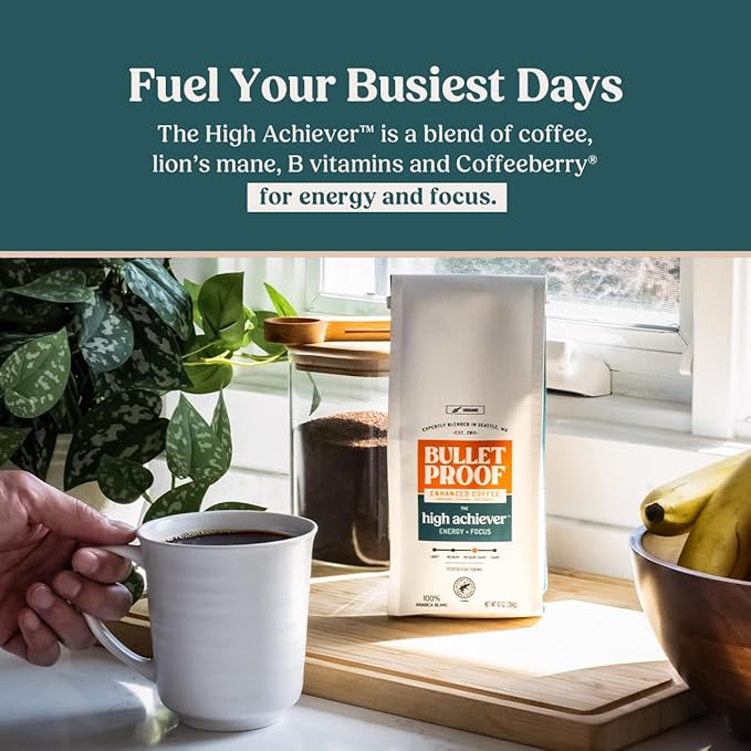 Bulletproof The High Achiever Ground Mushroom Coffee, 10oz, High Caffeine with Lion's Mane, B Vitamins and Adaptogens for Energy & Focus, Medium-Dark Roast