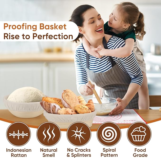 Bread Proofing Basket Set, Round 9" & Oval 10" Sourdough Proofing Basket for Bread Making Tools and Supplies, Sourdough Bread Baking Supplies, Ideal Basket Gift Set for Artisan Bakers