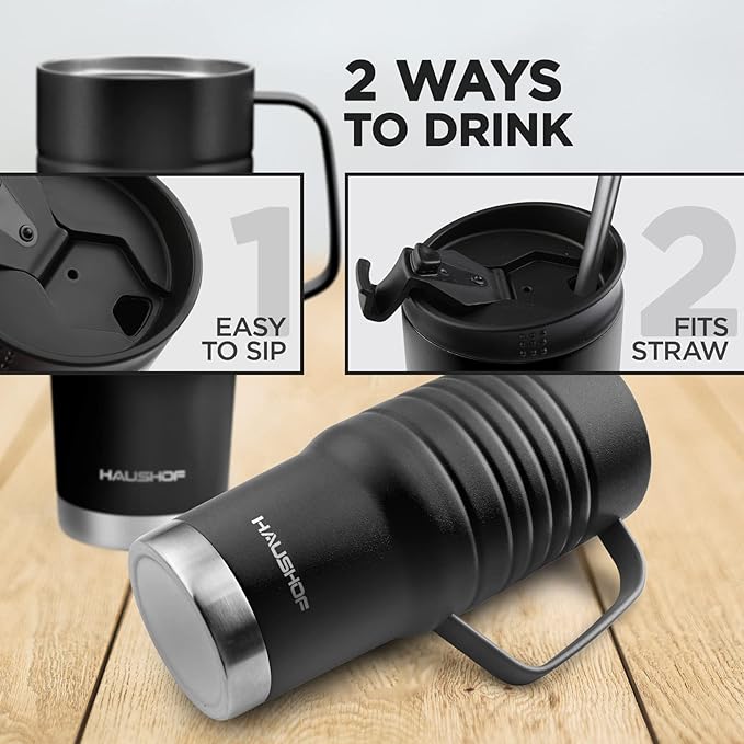 HAUSHOF 24 oz Travel Mug with Handle, Stainless Steel Vacuum Insulated, Double Wall with Leakproof Lid, BPA Free