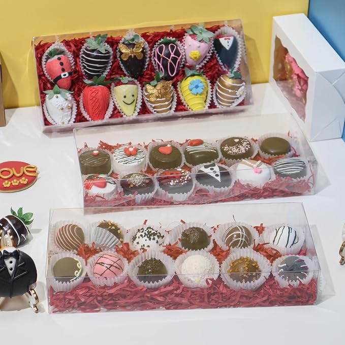 RomanticBaking 24PCS 12x5x2 Inches Clear Valentines Strawberry Boxes Cookie & Macaron Gift Boxes for Party Favors