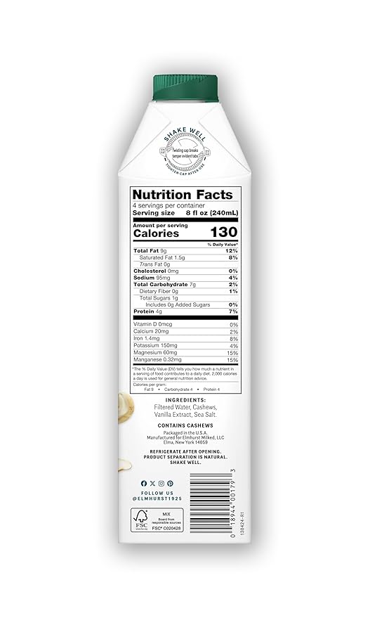 Elmhurst 1925 Vanilla Cashew Milk Unsweetened - 32 Ounce (Pack of 6) Dairy-Free, Vegan, Kosher, Shelf Stable Milk Made with Vanilla, Water & Cashew for Healthier, Simpler Plant-Based Alternatives