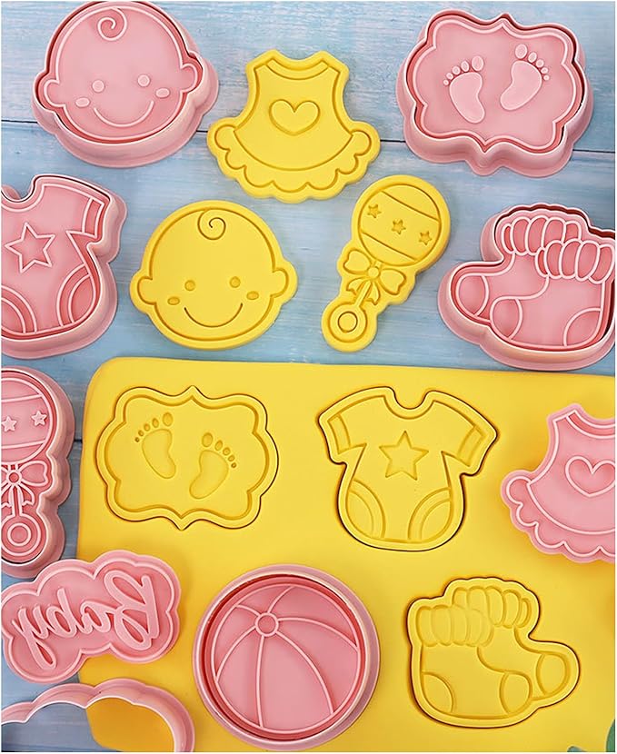 8 Pcs Cute Baby Shower Cookie Cutters for Baking Plastic Cookie Stamps Newborn Party Biscuit Mould Set DIY Fondant Biscuit Stamps Kitchen Tools(L8)