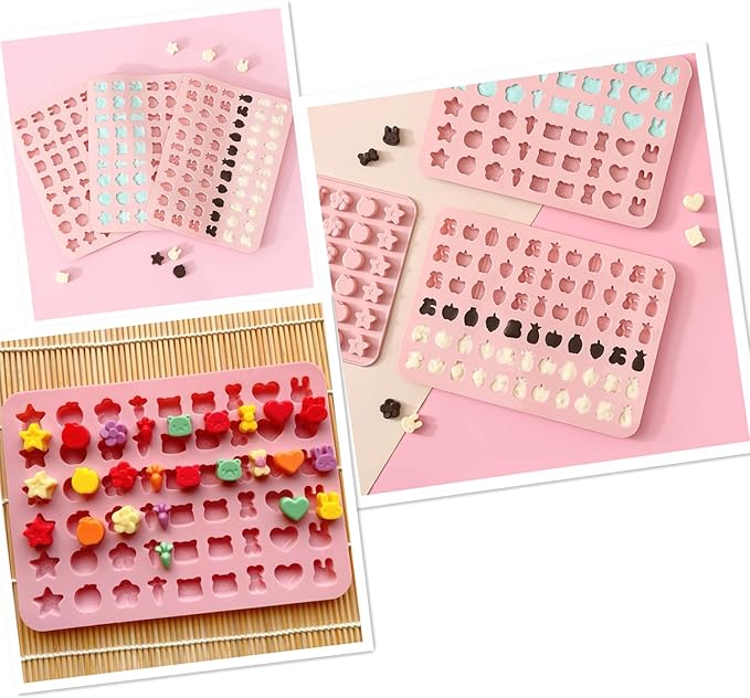 Mini Silicone Molds,120 Cups Chocolate Drops Mold,Fondant Cake Mold for Chocolate,Hard Candy,Biscuits,Cookie,Jelly,Sugarcraft,Homemade Treats and DIY Baking,2 Pack(66 Fruit & 54 Animal) Pink