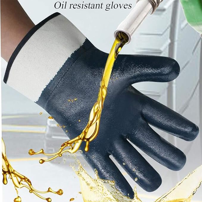 Oil Resistant Gloves, Nitrile Fubber Fully Coated Cotton Safety Work Gloves, Acid Alkali Resistant, for Men & Women Large, Blue (Pack of 12)
