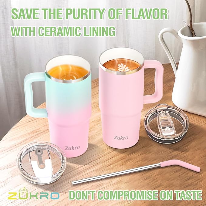 Zukro 24 oz Ceramic Lined Insulated Tumbler with Handle and Straw, No Metal Taste or Smell, Travel Coffee Mug with Spillproof Lids, No Sweat Stainless Steel Cup, Dishwasher Safe, Bluewave