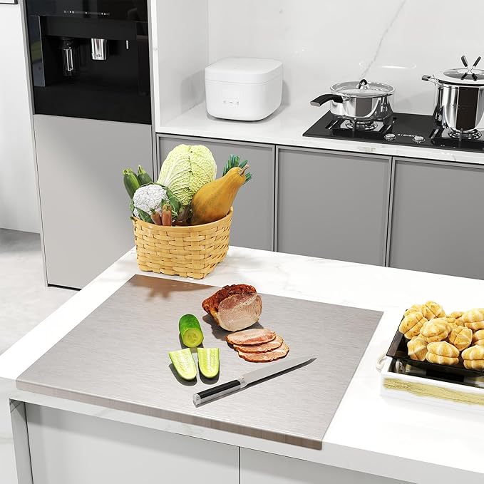 Stainless Steel Chopping Board Extra Large Cutting Board with Lip Stove Top Pastry Board Kneading Board Baking Board with Rolling Pin for Meat Vegetables Fruits Cheese Bread,31.5x 22.8 Inch