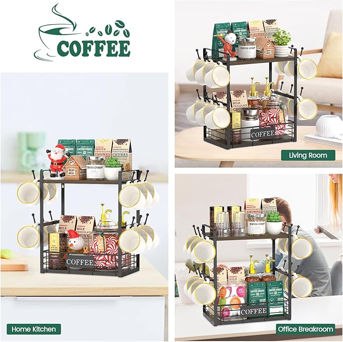 EsLuker.ly Coffee Mug Cup Holder Stand Bar Station Organizer for Countertop, Multi-Functional 2 Tier Mug Tree Rack for Kitchen, Storage Shelf with 12 Hooks, Brown-Black(Patented Design)