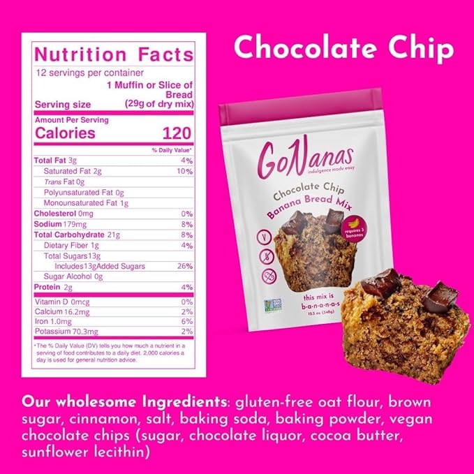 GoNanas Chocolate Chip Oat Flour Banana Bread Mix, Suitable for Plant Based Vegan Diets, Gluten Free Dairy Free Snacks, Healthy Snacks For Adults, Muffin Mix, Nut Free, Cupcakes Dessert, NON-GMO, 2pk