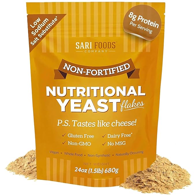 Non Fortified Nutritional Yeast Flakes, Whole Foods Based Protein Powder, Vegan, Gluten Free, Vitamins B, Beta-glucans, and All 18 Amino Acids (24 oz.)