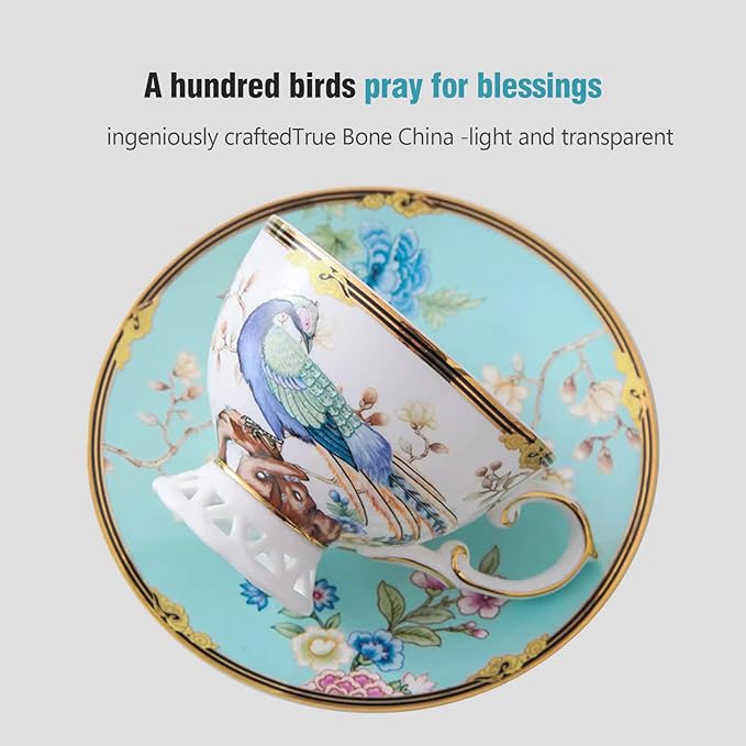 ACMLIFE Fine Bone China Tea Set with Teapot, Porcelain Tea Sets for Adults, 21-Piece Vintage Tea Set for 6, 24K Gold Blue English Floral British China Tea Sets for Women Tea Party for Gifts