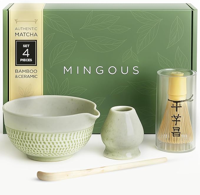Matcha Set Ceramic kit With Bamboo Whisk Scoop Bowl And Holder For Authentic Japanese Tea Ceremony Smooth Pour Easy Clean Experience Gift For Matcha Lovers (Green)