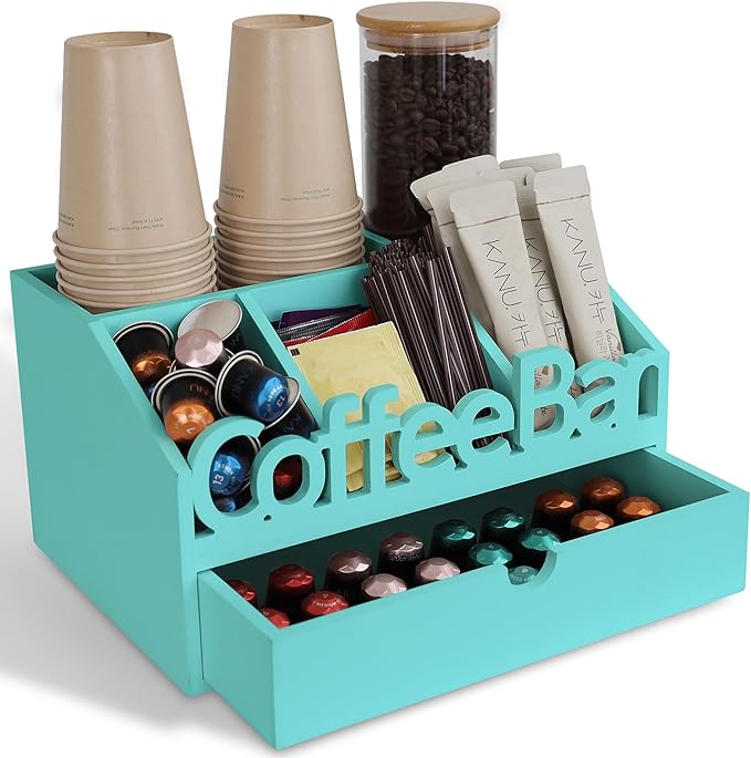 Coffee Bar Organizer for Countertop – Wooden Coffee Station with Black Drawer, Tea and K Cup Storage Rack, Coffee Pod Holder for Home and Office Counter Organization (Drawer - Turquoise)
