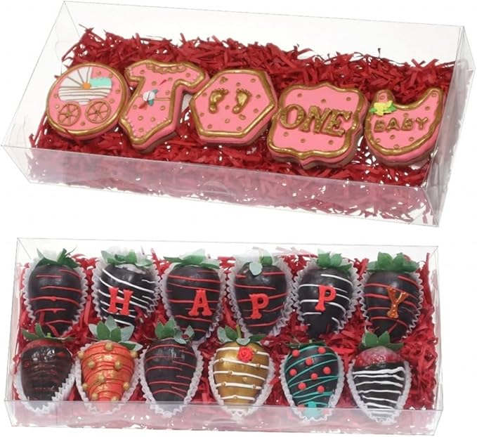 RomanticBaking 50PCS 12x5x2 Inches Clear Cookie Boxes Strawberry & Macaron Gift Boxes for Party Favors