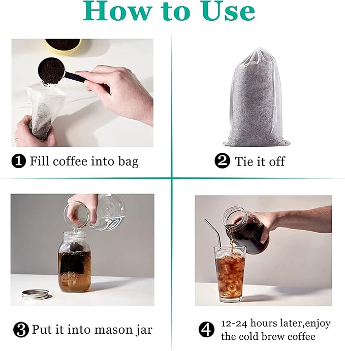 Yzurbu 100pcs Cold Brew Coffee Bags, 6'' x 8'' No Mess Disposable Filter Bag with Drawstring for Coffee Grounds & Ice Tea