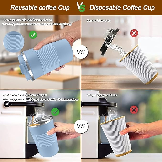 YINBAOGE Insulated Travel Coffee Mug Spill Proof Leak Proof Pobtable To Go Camping Stainless Steel Coffee Tumbler Reusable Coffee Cups with Lids Thermos for Hot and Cold Drink (Light blue, 17 OZ)