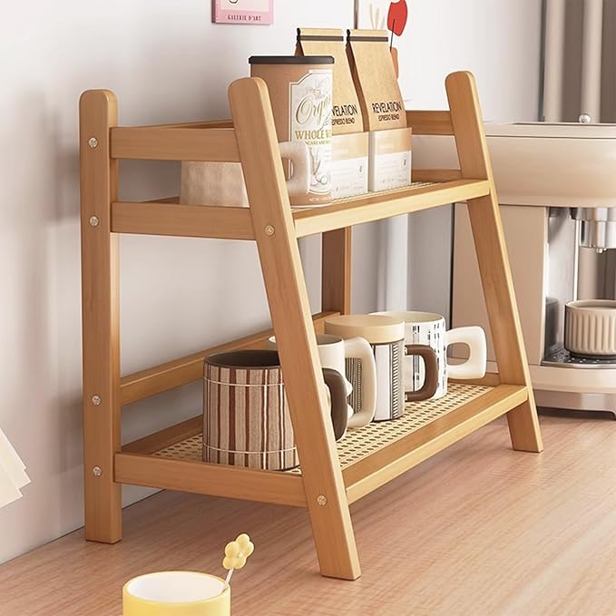 Wicker-Look Coffee Station Organizer, Bamboo Mug Holder Countertop, Kitchen Counter Shelf for Tea Coffee Bar Accessories, Matcha Stand, Cup Display, Condiment Storage Rack, 2 Tier