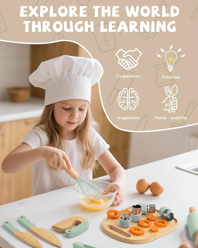 Wooden Kids Cooking Set Montessori Kit - Real Toddler Kitchen Tools & Baking Utensils - 15PCS Cooking Kit for Kids with Storage Bag, Great Gift for Pretend Play & Montessori Learning (Green)