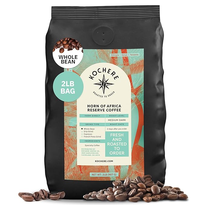 Kochere Horn of Africa Signature Blend Whole Bean Coffee – 2LB – Signature Blend of Single Origin Coffees – Freshly Roasted to Order – Medium Roast – Bold, Complex, and Fruity Specialty Coffee – Farm Direct