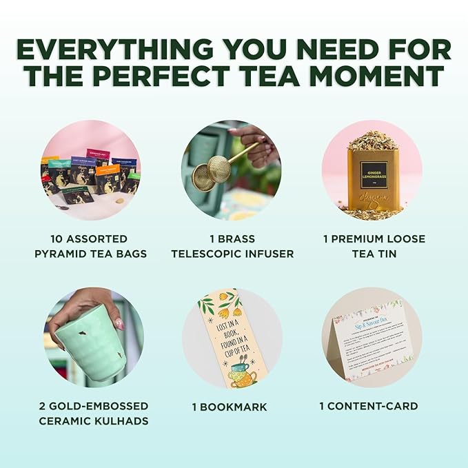 CHAYAM Tea Lover's Luxury Gift Basket with Cups & Infuser | 10 Assorted Tea Bags, Ginger Lemongrass Herbal Loose Leaf 50g/1.76oz, 2 Mugs & Lead-Free Premium Brass Infuser | Self-Care Gifts for Mom and Her